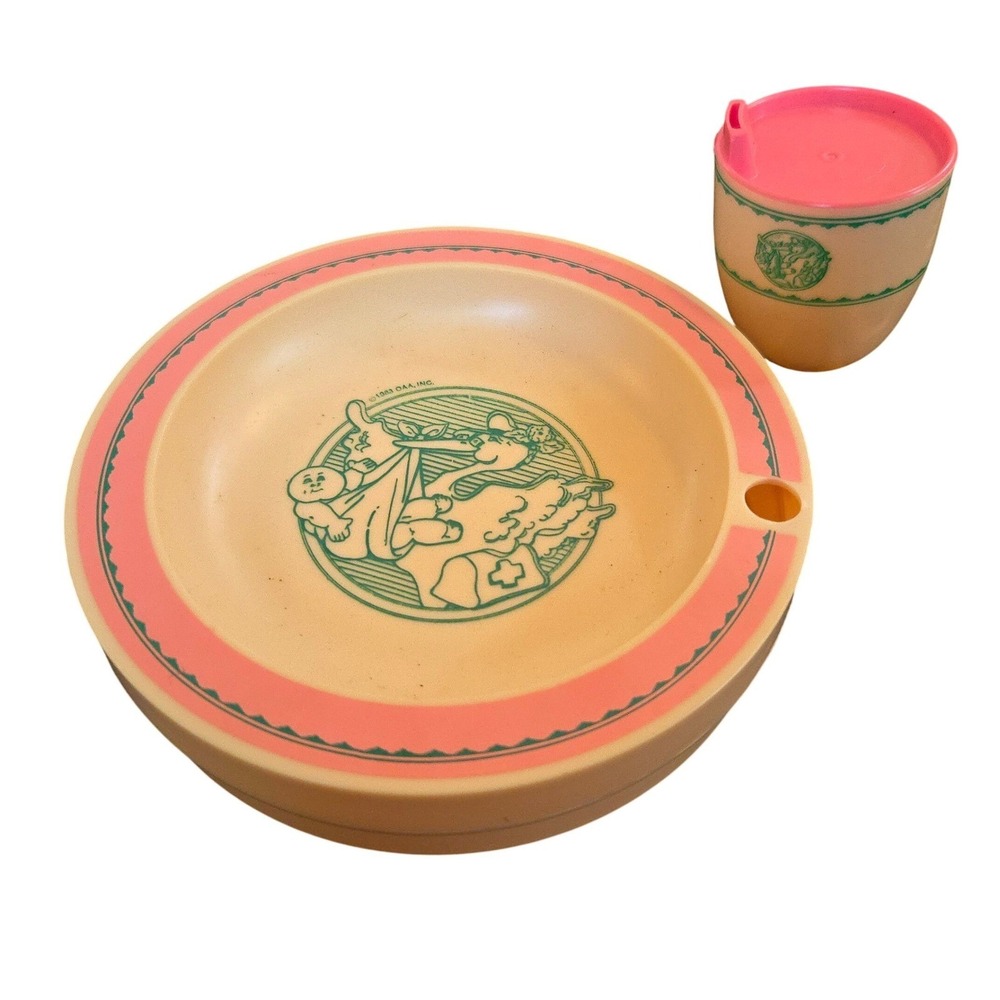 VTG Cabbage Patch ASHTRAY Kids Feeding Set Cream Pink Stork‎ Graphic 1983 Italy